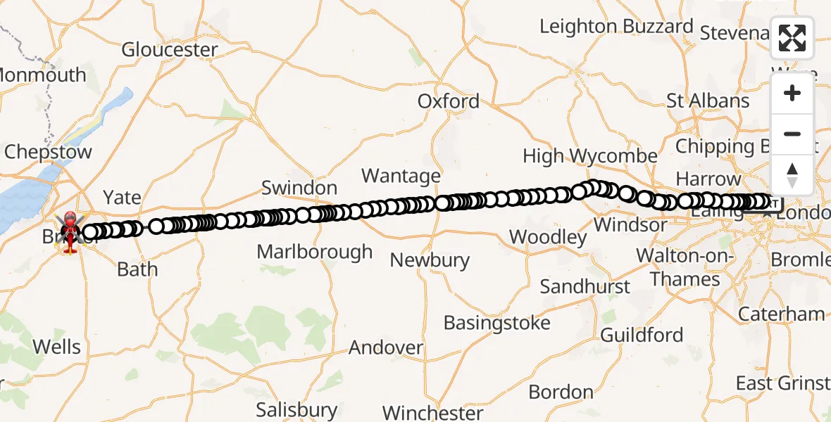 Flight route Air Ambulance Helicopter Chalk Farm - Bristol Royal Infirmary, 28 June 2026, 15:24