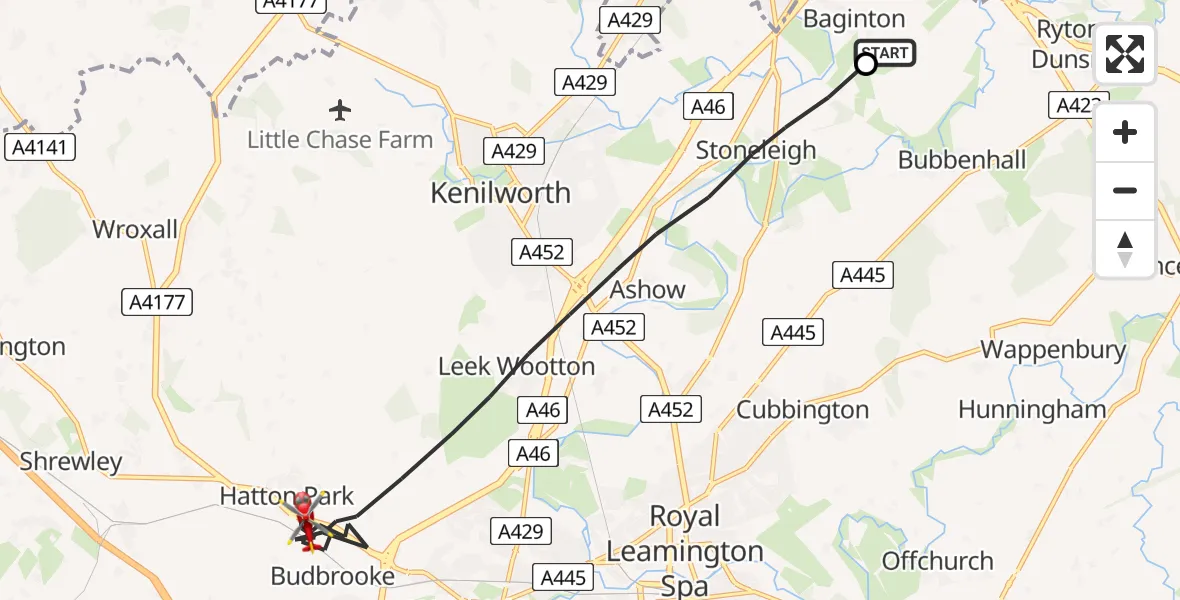 Flight route Air Ambulance Helicopter Coventry Airport - Warwick, 28 June 2026, 15:39
