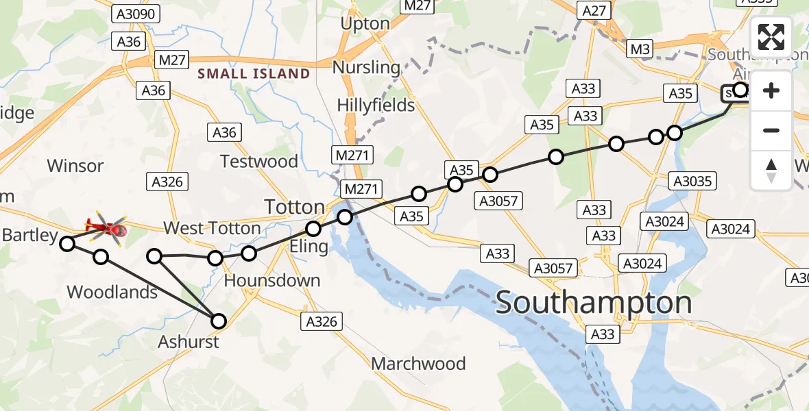 Flight route Air Ambulance Helicopter Southampton Airport - Woodlands, 28 June 2026, 15:45