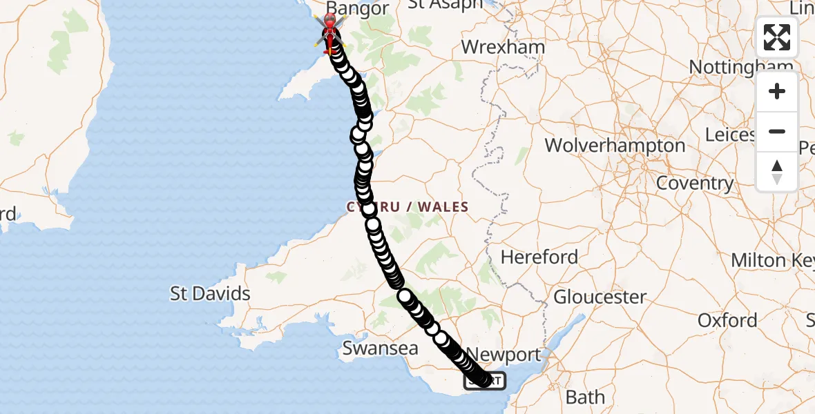 Flight route Air Ambulance Helicopter Cardiff Heliport - Caernarfon Airport, 28 June 2026, 15:53