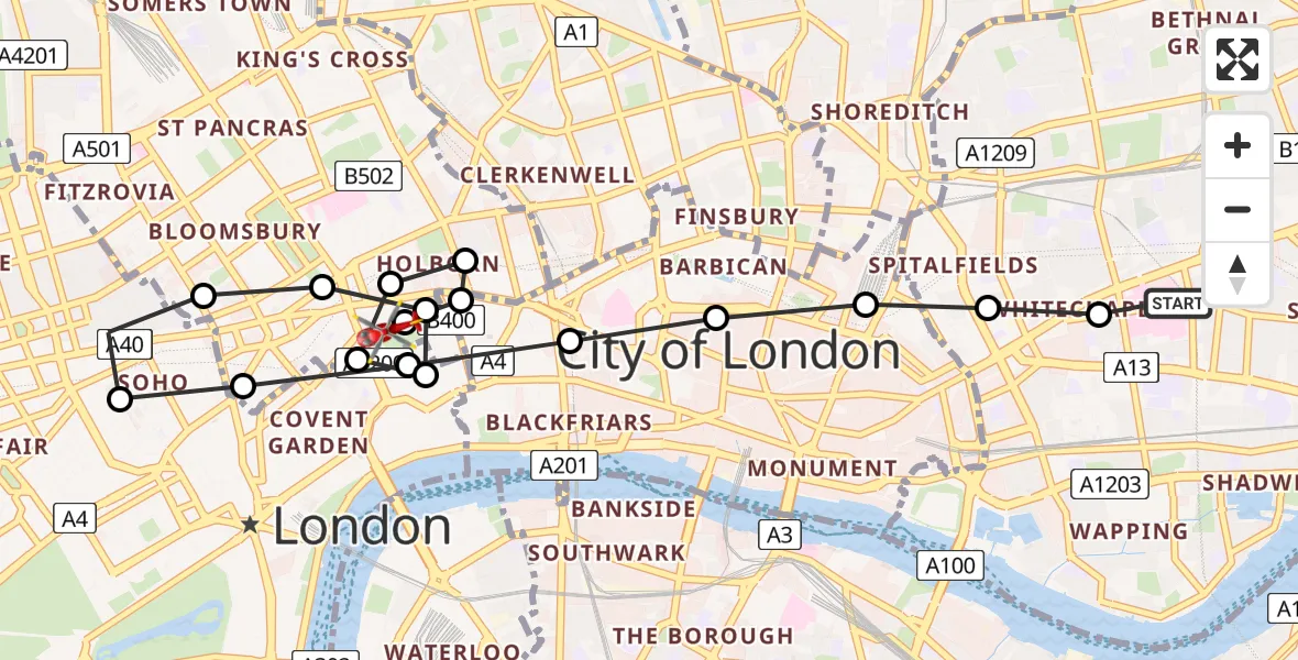 Flight route Air Ambulance Helicopter Royal London Hospital - Holborn, 28 June 2026, 15:55