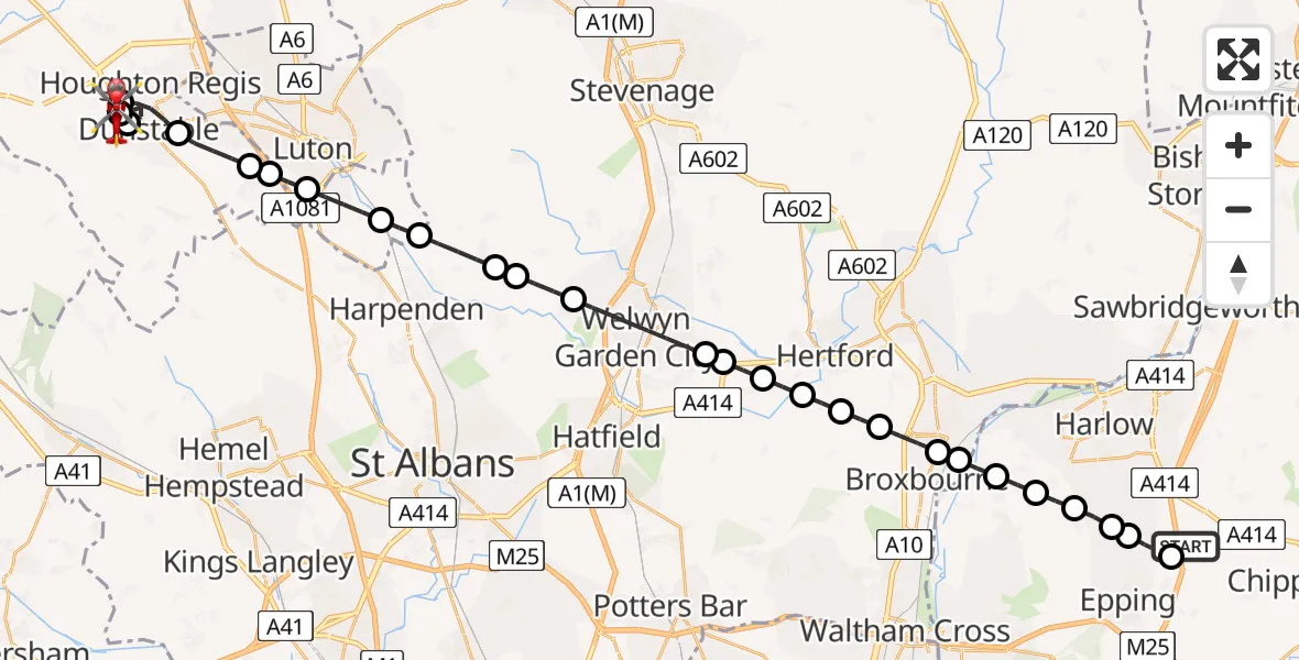 Flight route Air Ambulance Helicopter North Weald Airfield - Houghton Regis, 28 June 2026, 15:57