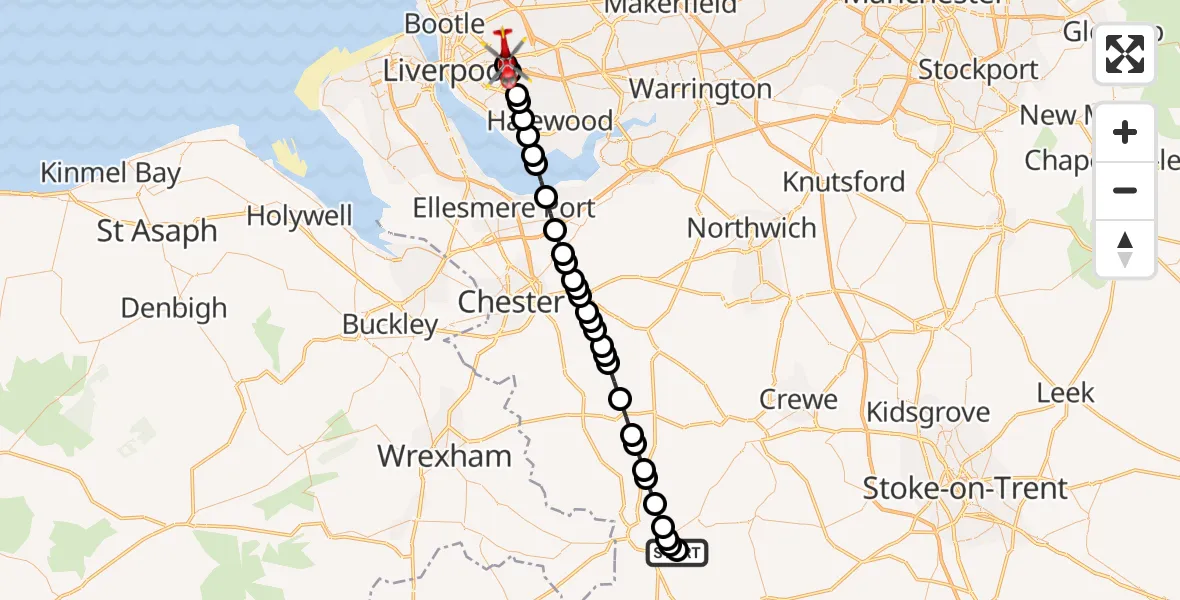 Flight route Air Ambulance Helicopter Ash Magna - Knotty Ash, 28 June 2026, 15:59