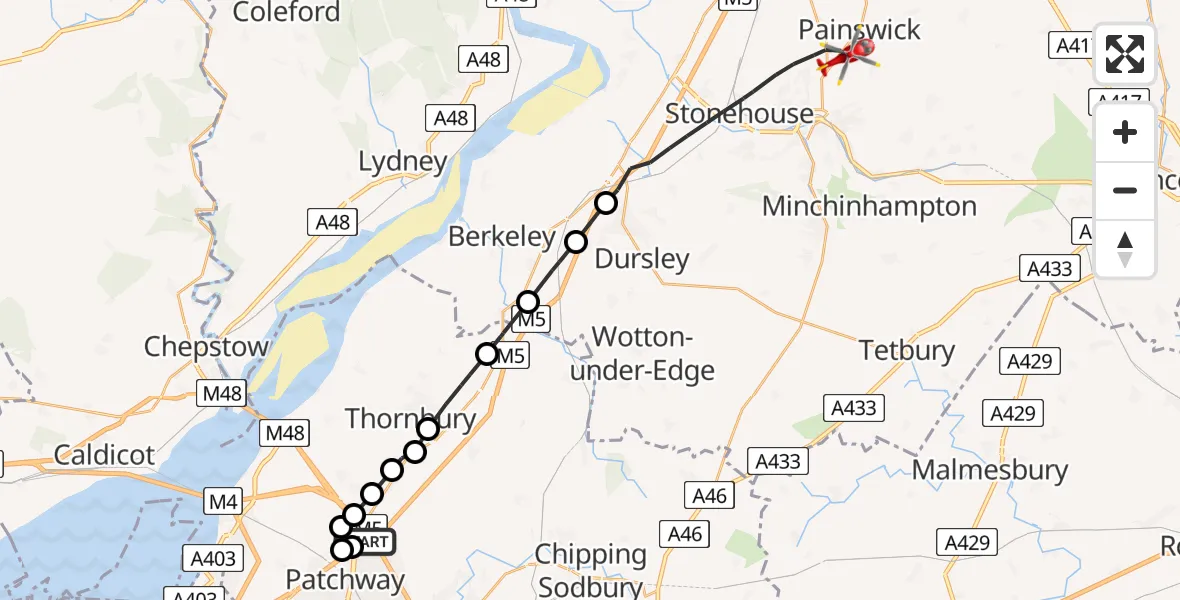 Flight route Air Ambulance Helicopter Almondsbury Helicopter Base - Painswick, 28 June 2026, 15:59