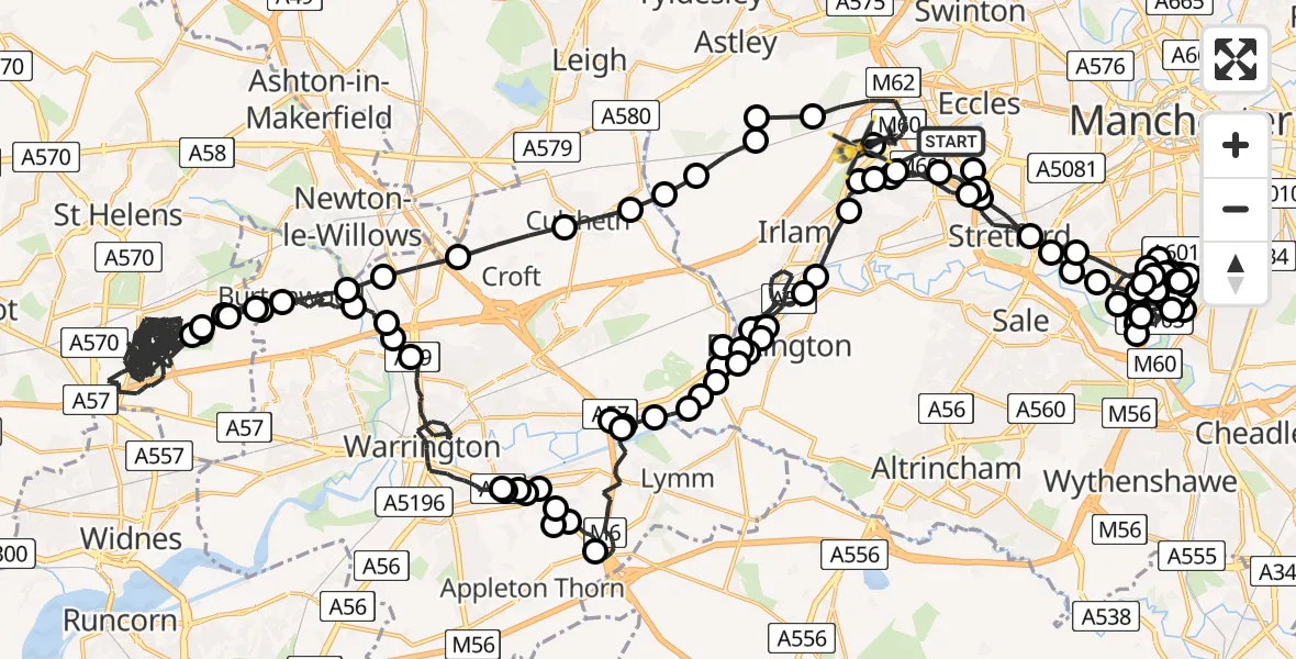 Flight route Police Helicopter Dumplington - Manchester Barton Aerodrome, 28 June 2026, 16:03