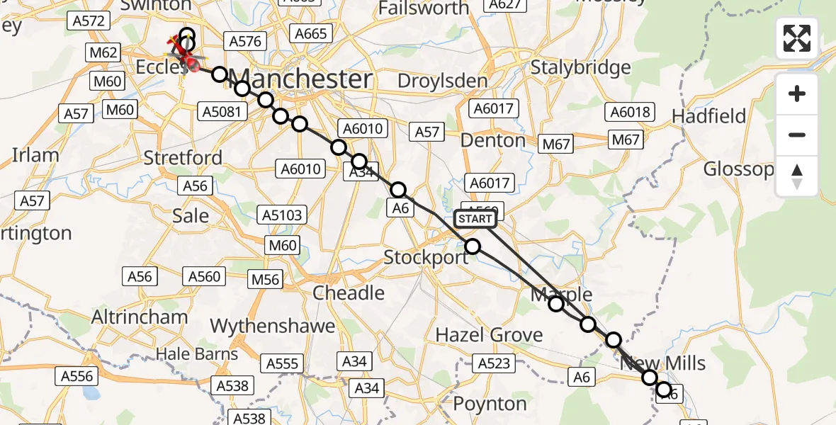 Flight route Air Ambulance Helicopter Stockport - Eccles, 28 June 2026, 16:17