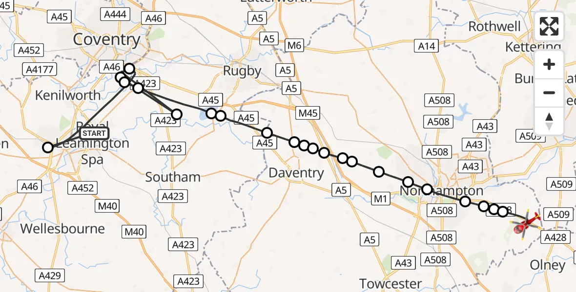 Flight route Air Ambulance Helicopter Royal Leamington Spa - Yardley Hastings, 28 June 2026, 16:26