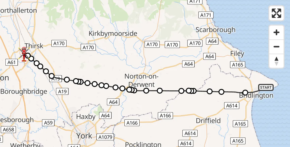 Flight route Air Ambulance Helicopter Bridlington - RAF Topcliffe, 28 June 2026, 16:28