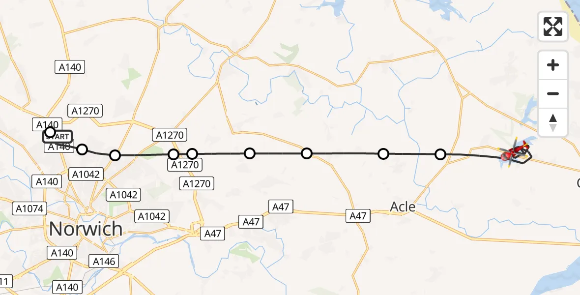Flight route Air Ambulance Helicopter Norwich Airport - Great Yarmouth, 28 June 2026, 16:29