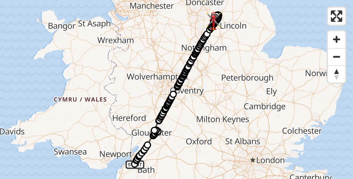 Flight route Air Ambulance Helicopter Bristol Royal Infirmary - Retford Gamston Airport, 28 June 2026, 16:39