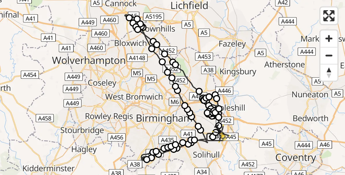 Flight route Police Helicopter Birmingham Airport - Birmingham Airport, 28 June 2026, 16:45