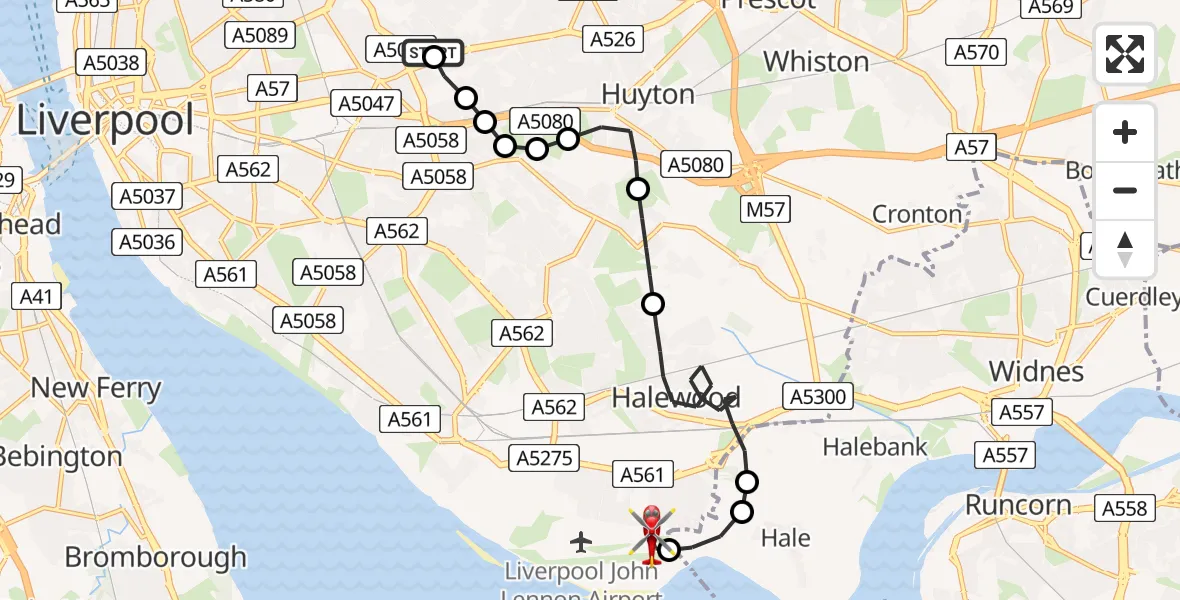 Flight route Air Ambulance Helicopter Knotty Ash - Liverpool John Lennon Airport, 28 June 2026, 16:51
