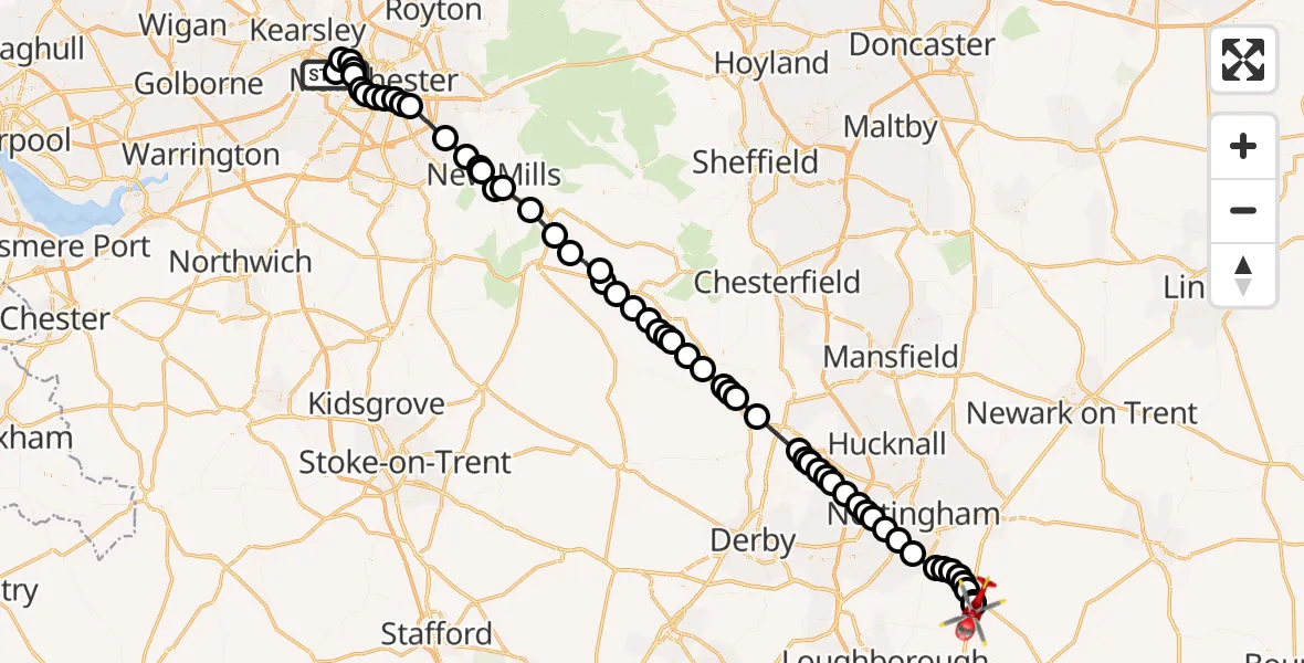 Flight route Air Ambulance Helicopter Eccles - Nottingham Heliport, 28 June 2026, 16:55