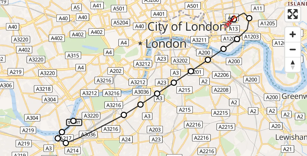 Flight route Air Ambulance Helicopter London Heliport - Royal London Hospital, 28 June 2026, 16:57