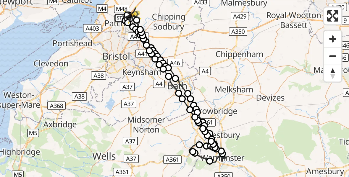 Flight route Police Helicopter Almondsbury - Bradley Stoke, 28 June 2026, 17:01