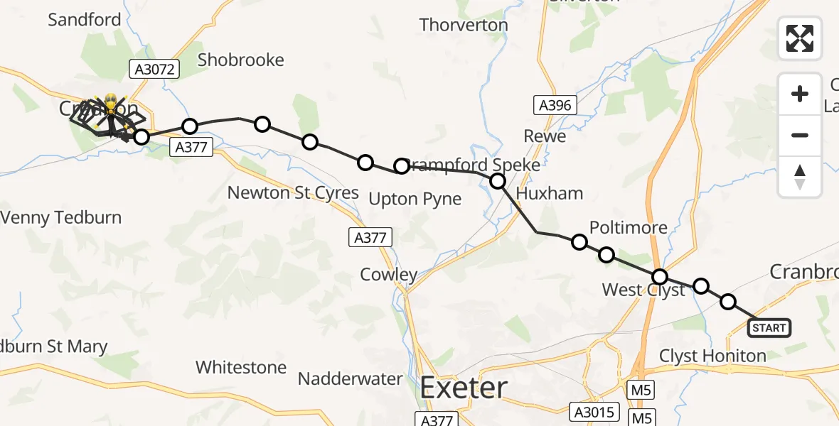 Flight route Police Helicopter Exeter International Airport - Crediton, 28 June 2026, 17:03