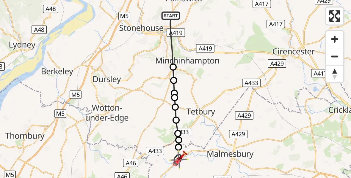 Flight route Air Ambulance Helicopter Stroud - Sherston, 28 June 2026, 17:08