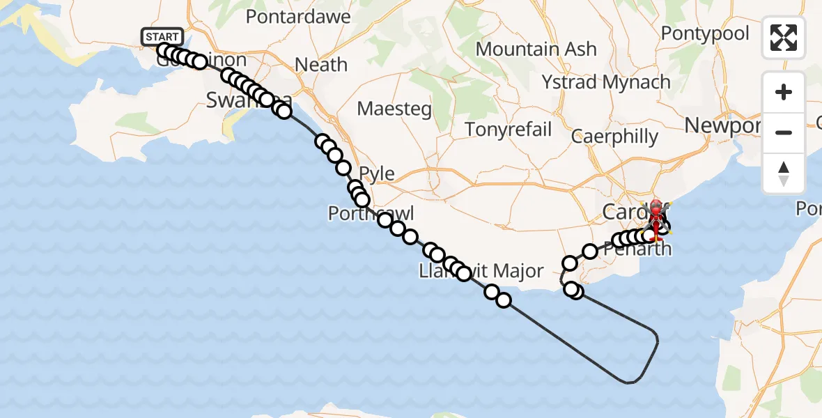 Flight route Air Ambulance Helicopter Dafen - Cardiff Heliport, 28 June 2026, 17:10