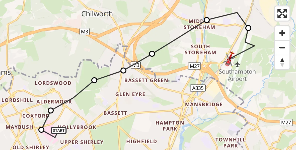Flight route Air Ambulance Helicopter University Hospital Southampton - Southampton Airport, 28 June 2026, 17:14