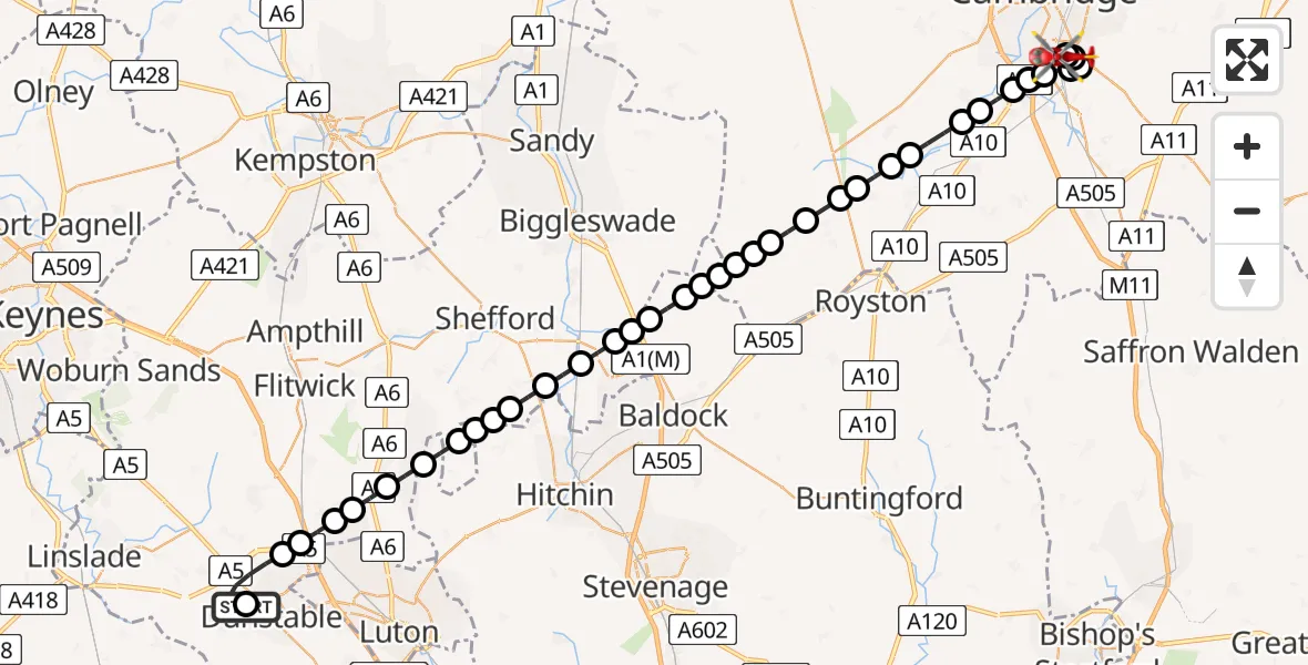 Flight route Air Ambulance Helicopter Dunstable - Papworth Hospital, 28 June 2026, 17:16