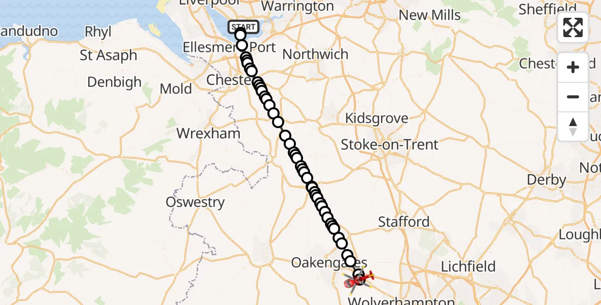 Flight route Air Ambulance Helicopter Liverpool John Lennon Airport - Cosford, 28 June 2026, 17:24