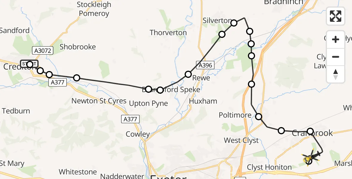 Flight route Police Helicopter Crediton - Rockbeare, 28 June 2026, 17:29
