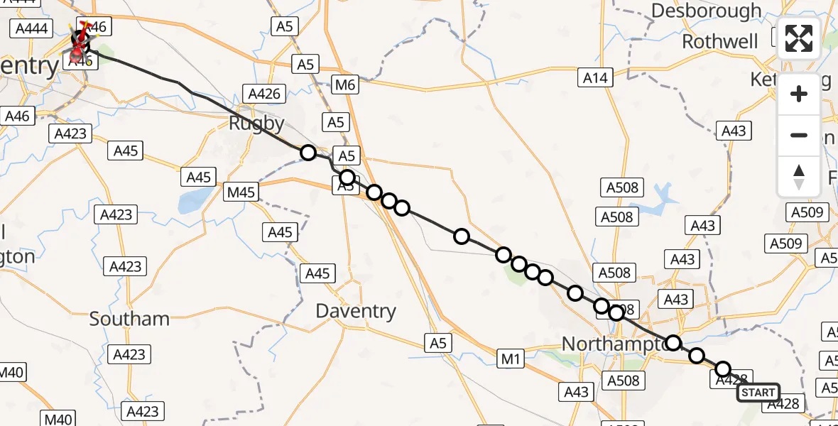 Flight route Air Ambulance Helicopter Denton - University Hospital Coventry, 28 June 2026, 17:29