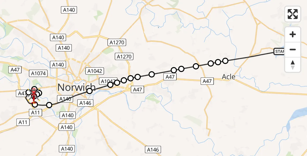 Flight route Air Ambulance Helicopter Great Yarmouth - Norfolk & Norwich Hospital, 28 June 2026, 17:39