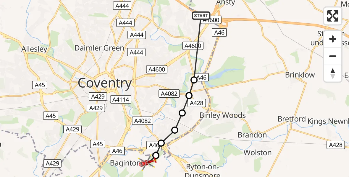 Flight route Air Ambulance Helicopter Rugby - Coventry Airport, 28 June 2026, 18:14