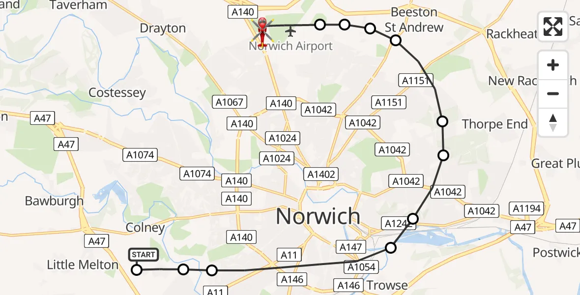 Flight route Air Ambulance Helicopter Norfolk & Norwich Hospital - Norwich Airport, 28 June 2026, 18:16