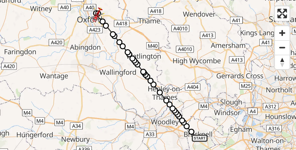 Flight route Air Ambulance Helicopter Bracknell - Oxford, 28 June 2026, 18:18