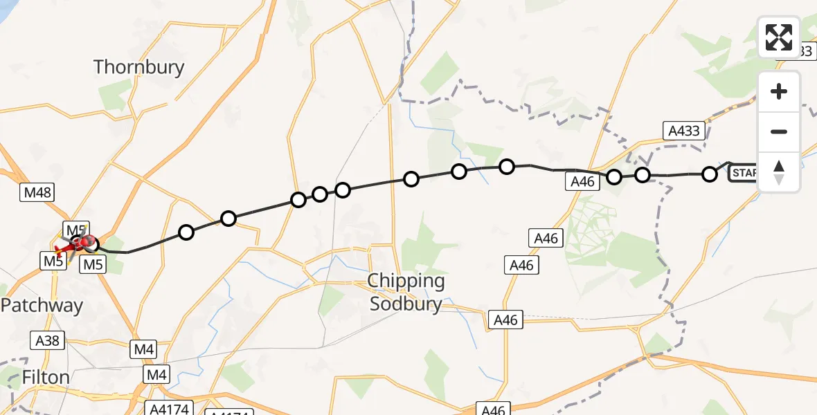 Flight route Air Ambulance Helicopter Sherston - Almondsbury Helicopter Base, 28 June 2026, 18:21
