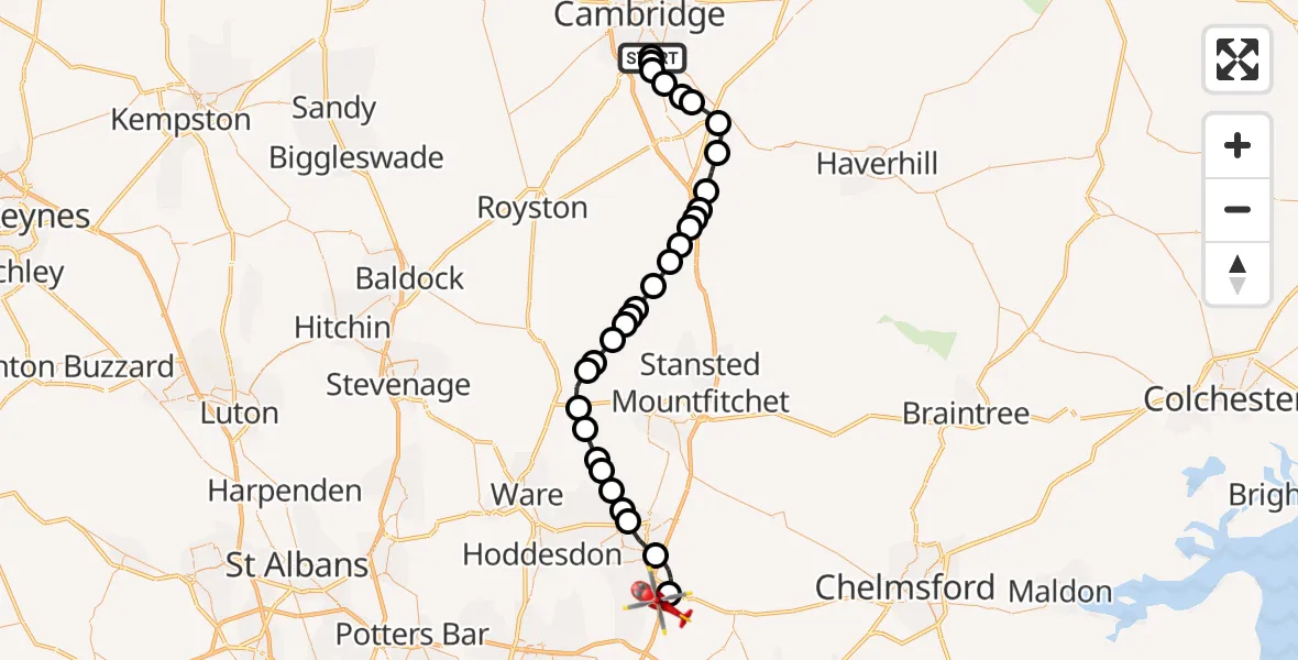 Flight route Air Ambulance Helicopter Papworth Hospital - North Weald Airfield, 28 June 2026, 18:28