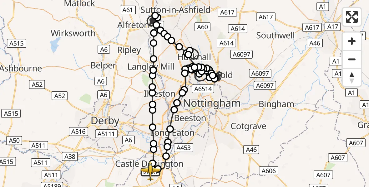 Flight route Police Aircraft East Midlands Airport - East Midlands Airport, 28 June 2026, 18:31