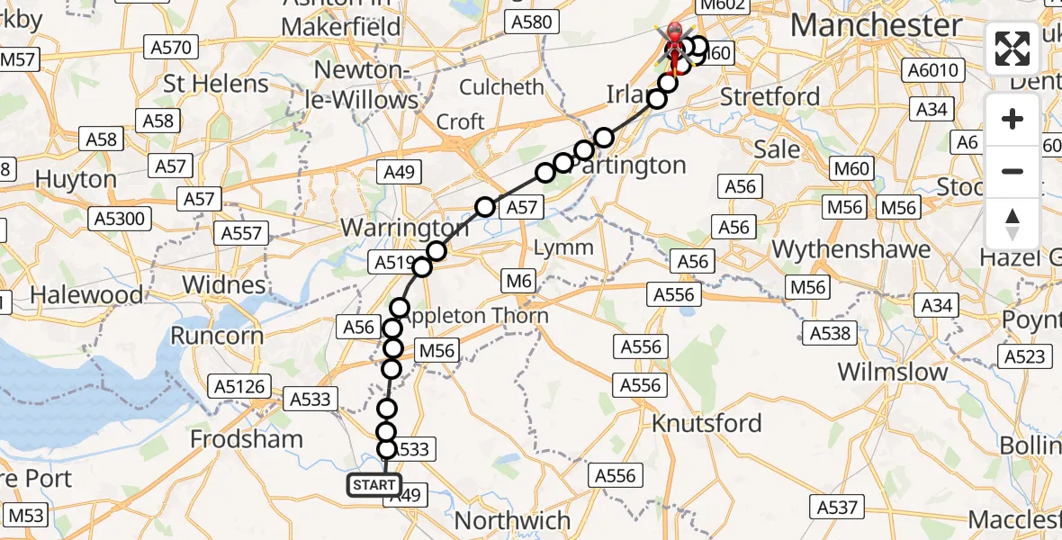 Flight route Air Ambulance Helicopter Acton Bridge - Irlam, 28 June 2026, 18:43