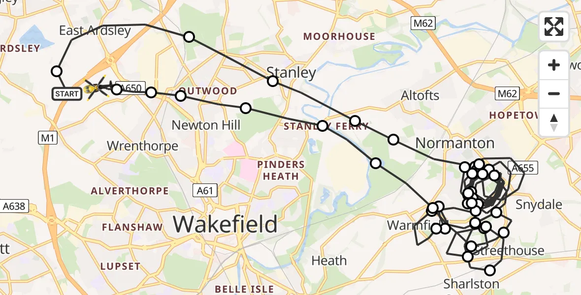 Flight route Police Helicopter East Ardsley - East Ardsley, 28 June 2026, 18:51