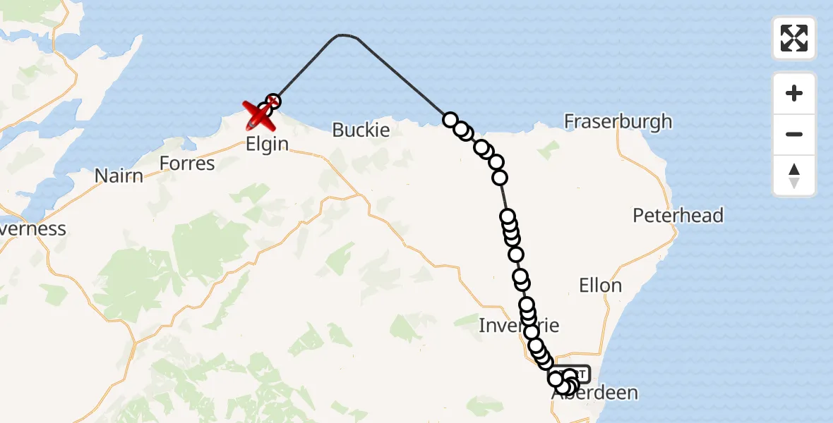 Flight route Air Ambulance Aircraft Aberdeen International Airport - RAF Lossiemouth, 28 June 2026, 19:00