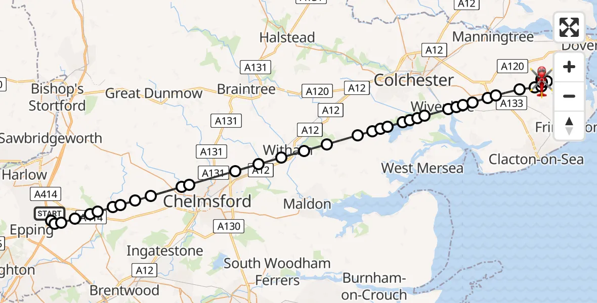 Flight route Air Ambulance Helicopter North Weald Airfield - Beaumont-cum-Moze, 28 June 2026, 19:00