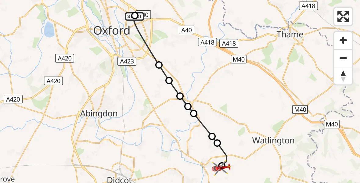 Flight route Air Ambulance Helicopter John Radcliffe Hospital - RAF Benson, 28 June 2026, 19:11