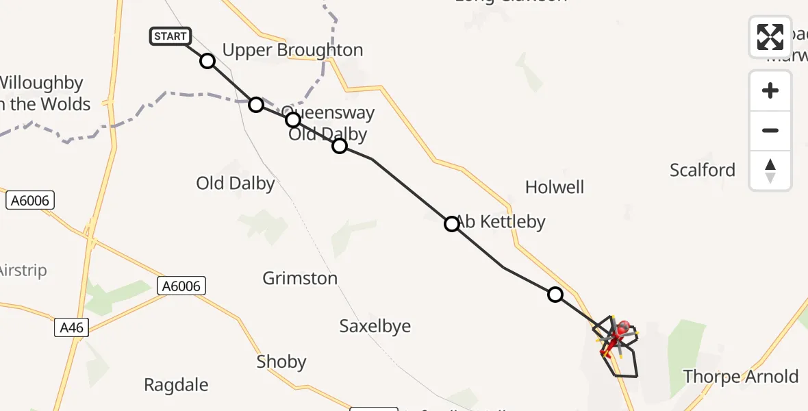 Flight route Air Ambulance Helicopter Rushcliffe - Melton Mowbray, 28 June 2026, 19:12