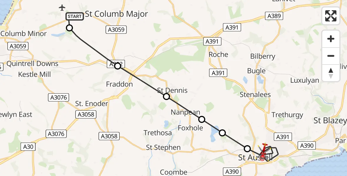 Flight route Air Ambulance Helicopter Cornwall Airport Newquay - St. Austell, 28 June 2026, 19:37