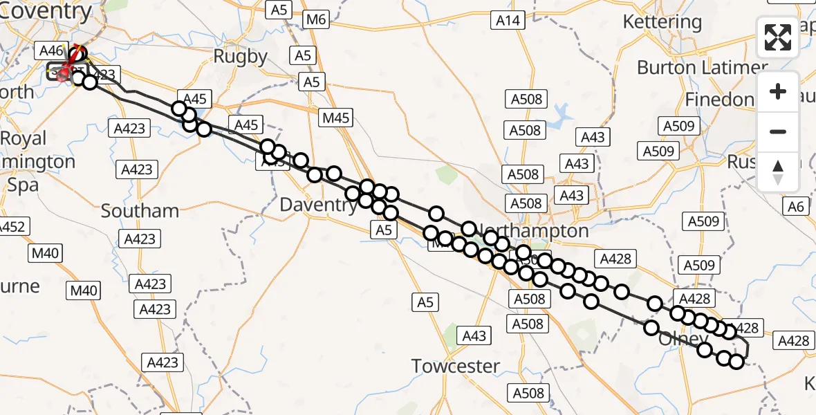 Flight route Air Ambulance Helicopter Coventry Airport - Coventry Airport, 28 June 2026, 19:44