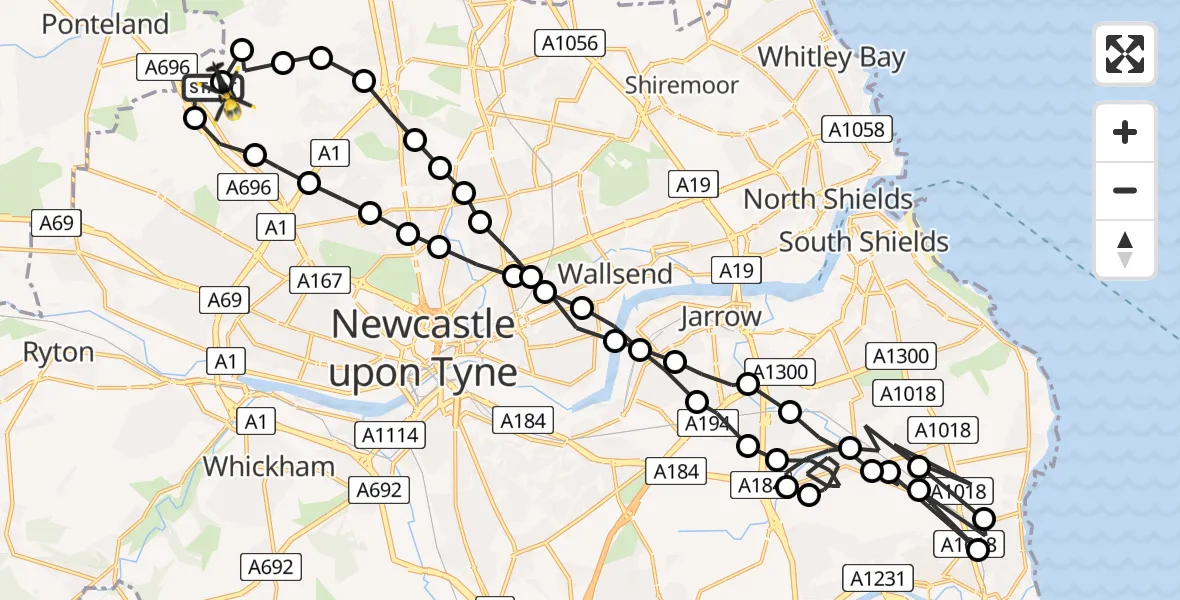 Flight route Police Helicopter Newcastle International Airport - Newcastle International Airport, 28 June 2026, 19:51