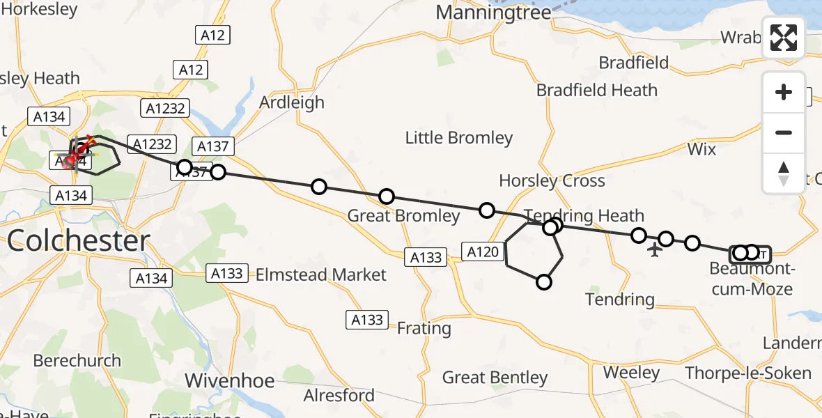 Flight route Air Ambulance Helicopter Beaumont-cum-Moze - Colchester Hospital, 28 June 2026, 19:59