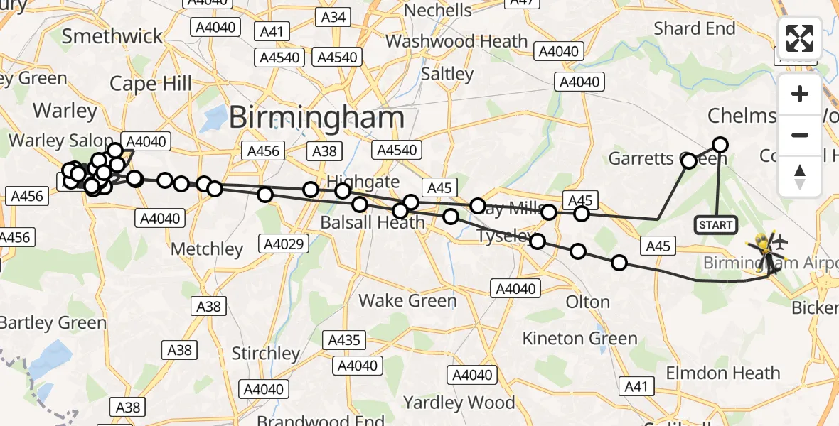 Flight route Police Helicopter Sheldon - Birmingham Airport, 28 June 2026, 20:05