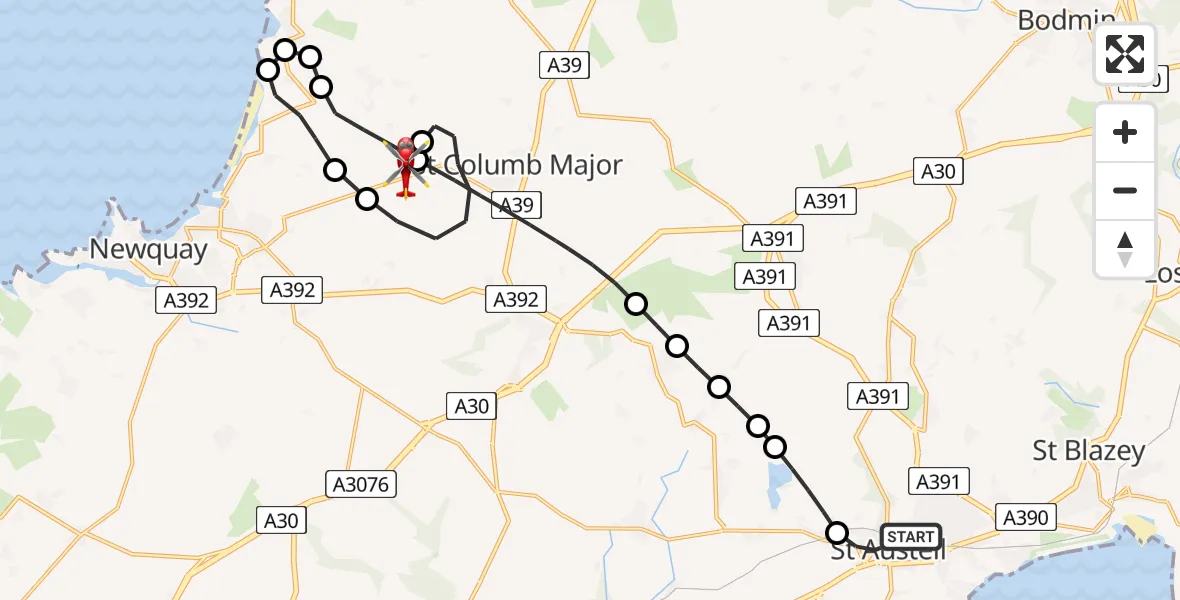 Flight route Air Ambulance Helicopter St. Austell - Cornwall Airport Newquay, 28 June 2026, 20:19