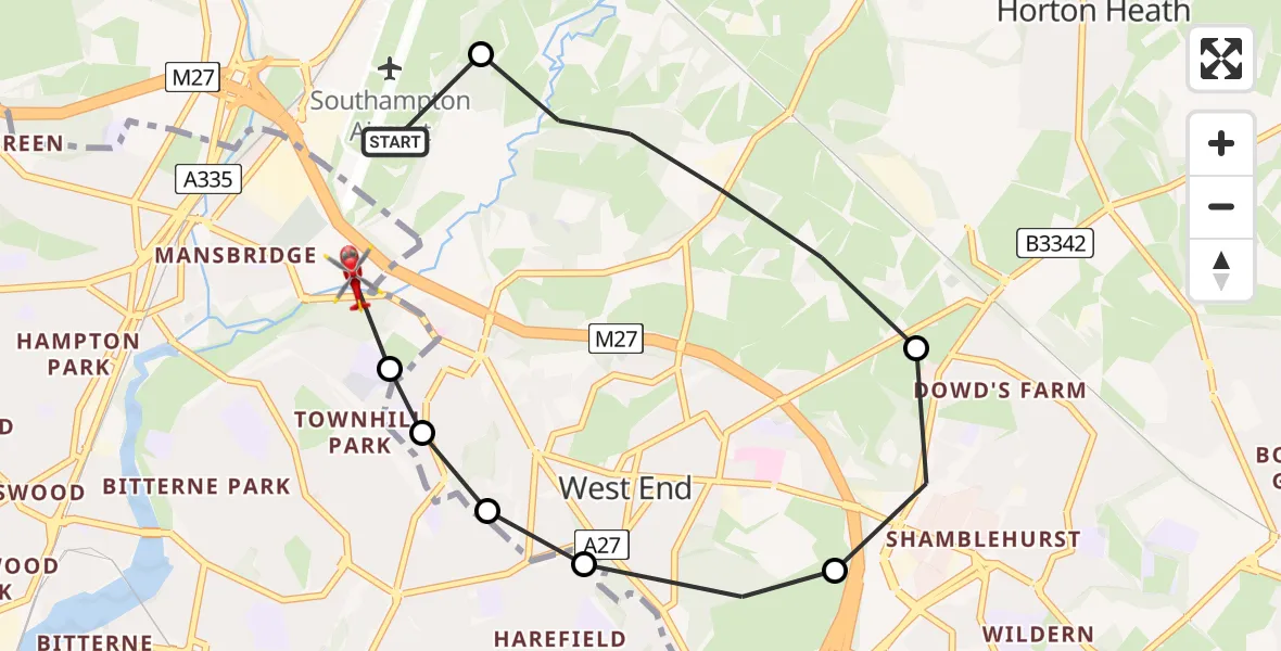 Flight route Air Ambulance Helicopter Southampton Airport - Mansbridge, 28 June 2026, 20:20
