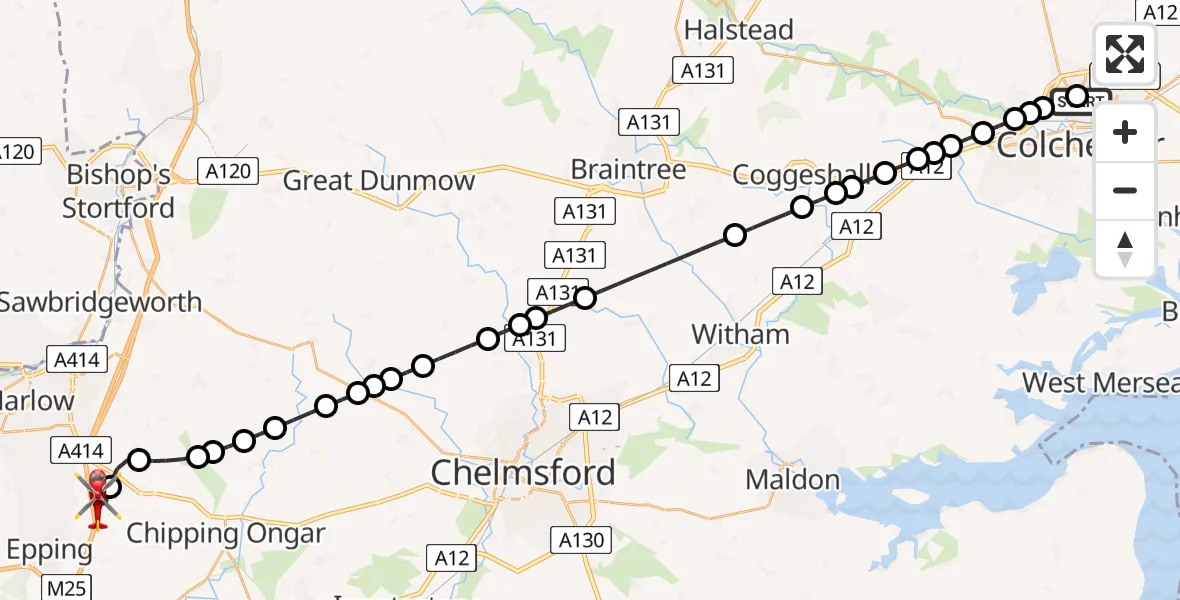 Flight route Air Ambulance Helicopter Colchester Hospital - North Weald Airfield, 28 June 2026, 20:24