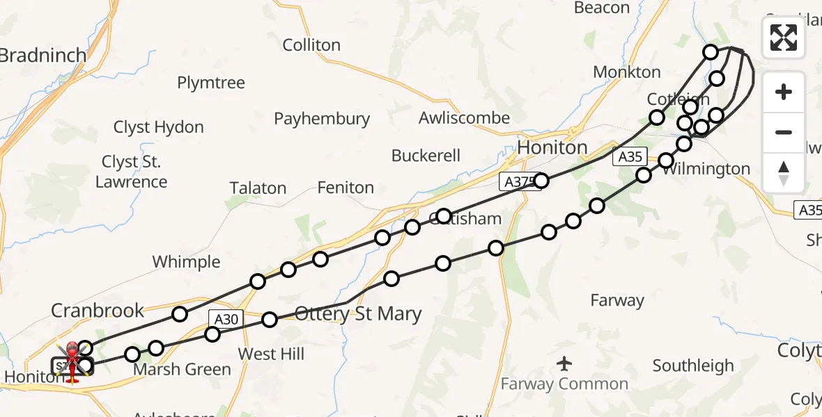 Flight route Air Ambulance Helicopter Exeter International Airport - Exeter International Airport, 28 June 2026, 20:25
