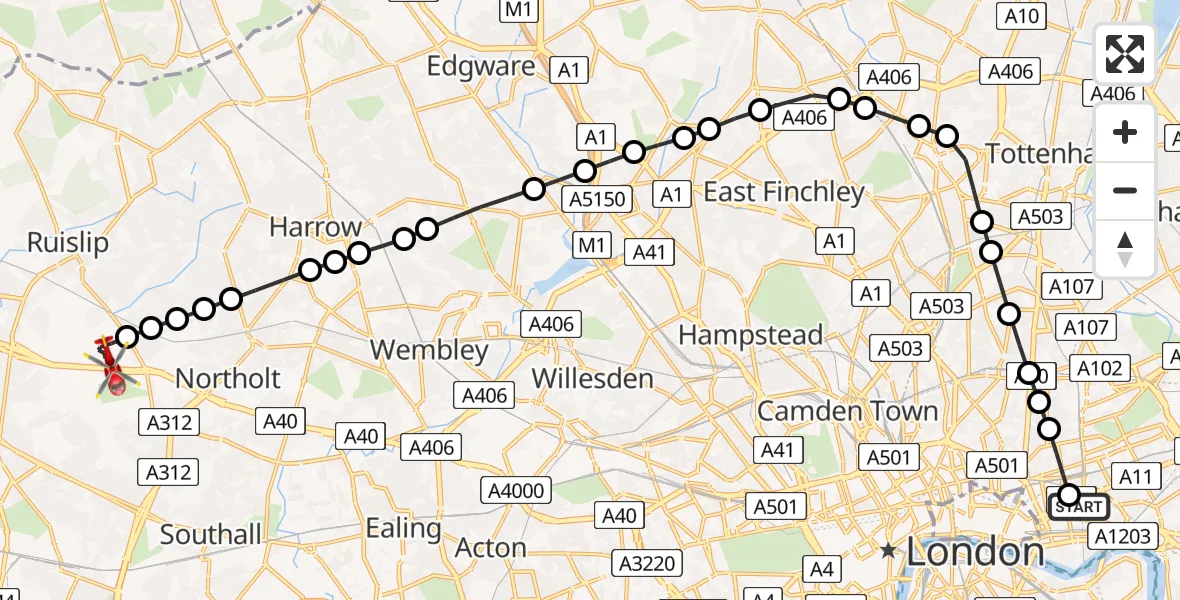 Flight route Air Ambulance Helicopter Royal London Hospital - RAF Northolt, 28 June 2026, 20:26